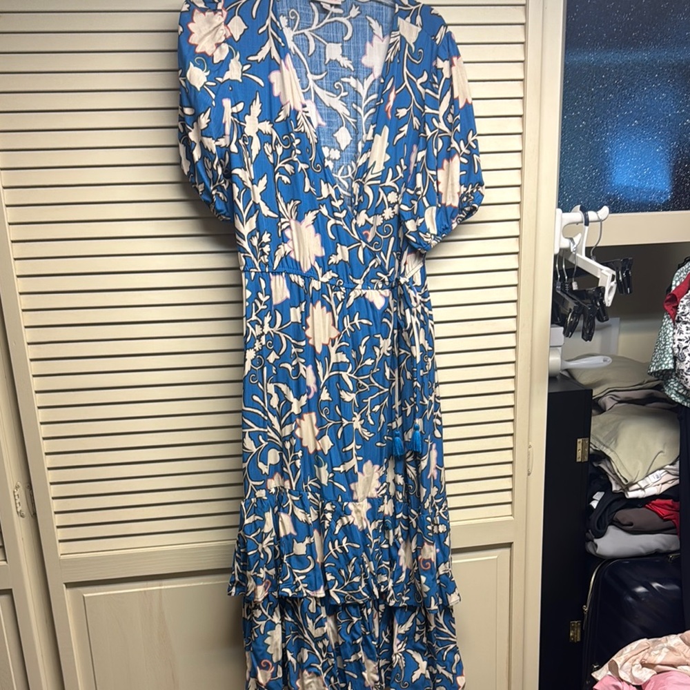 Knox Rose Blue and White Ruffled Wrap Maxi Dress